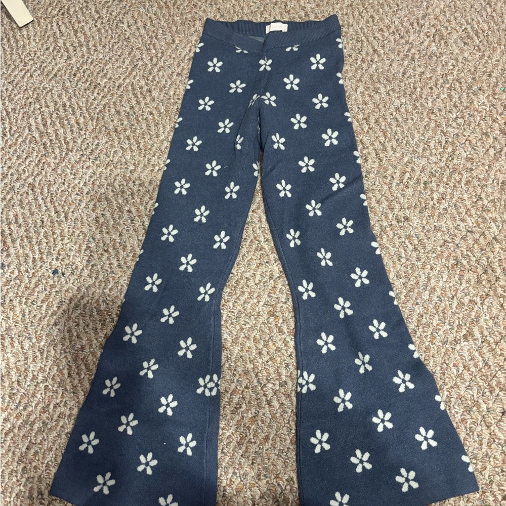 Blue Flared Pants with White Floral Pattern